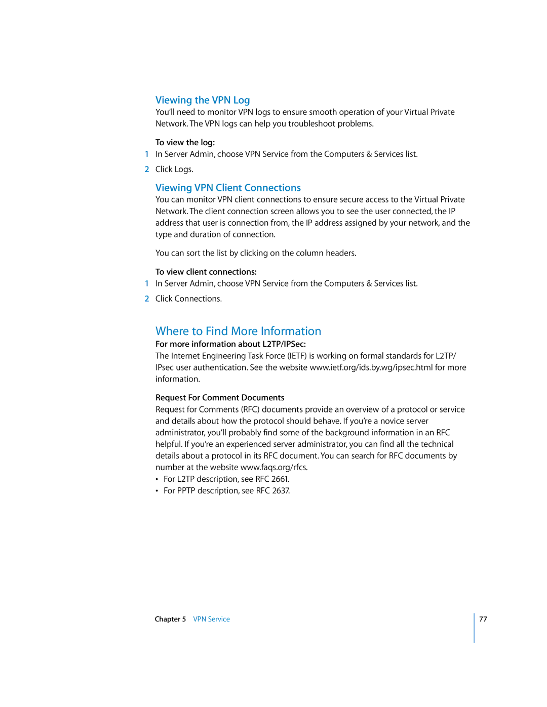 Apple 034-2351_Cvr manual Viewing the VPN Log, Viewing VPN Client Connections, To view the log, To view client connections 