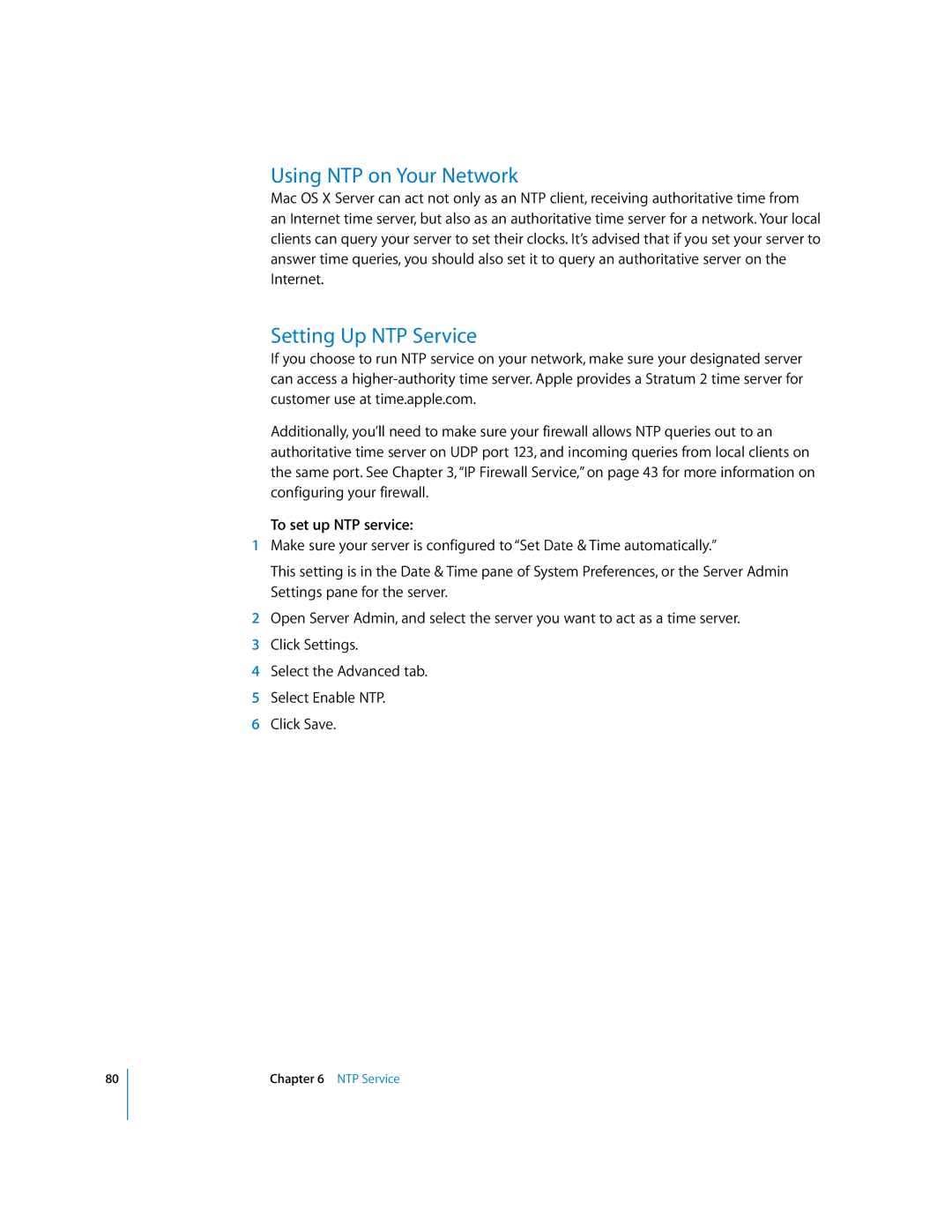 Apple 034-2351_Cvr manual Using NTP on Your Network, Setting Up NTP Service, To set up NTP service 