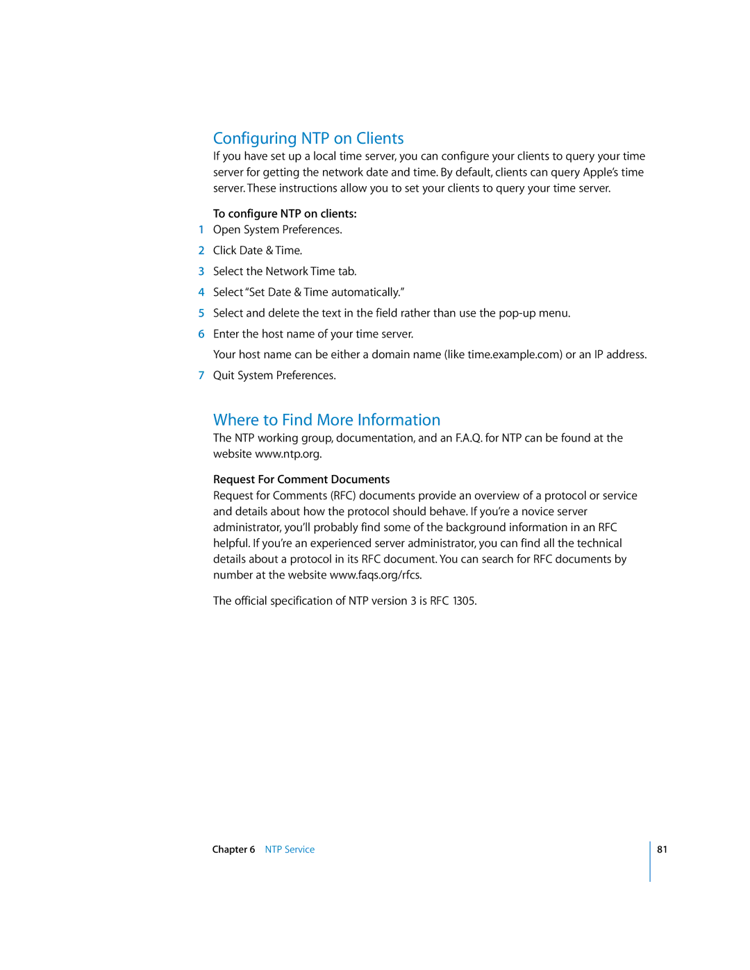 Apple 034-2351_Cvr manual Configuring NTP on Clients, To configure NTP on clients 