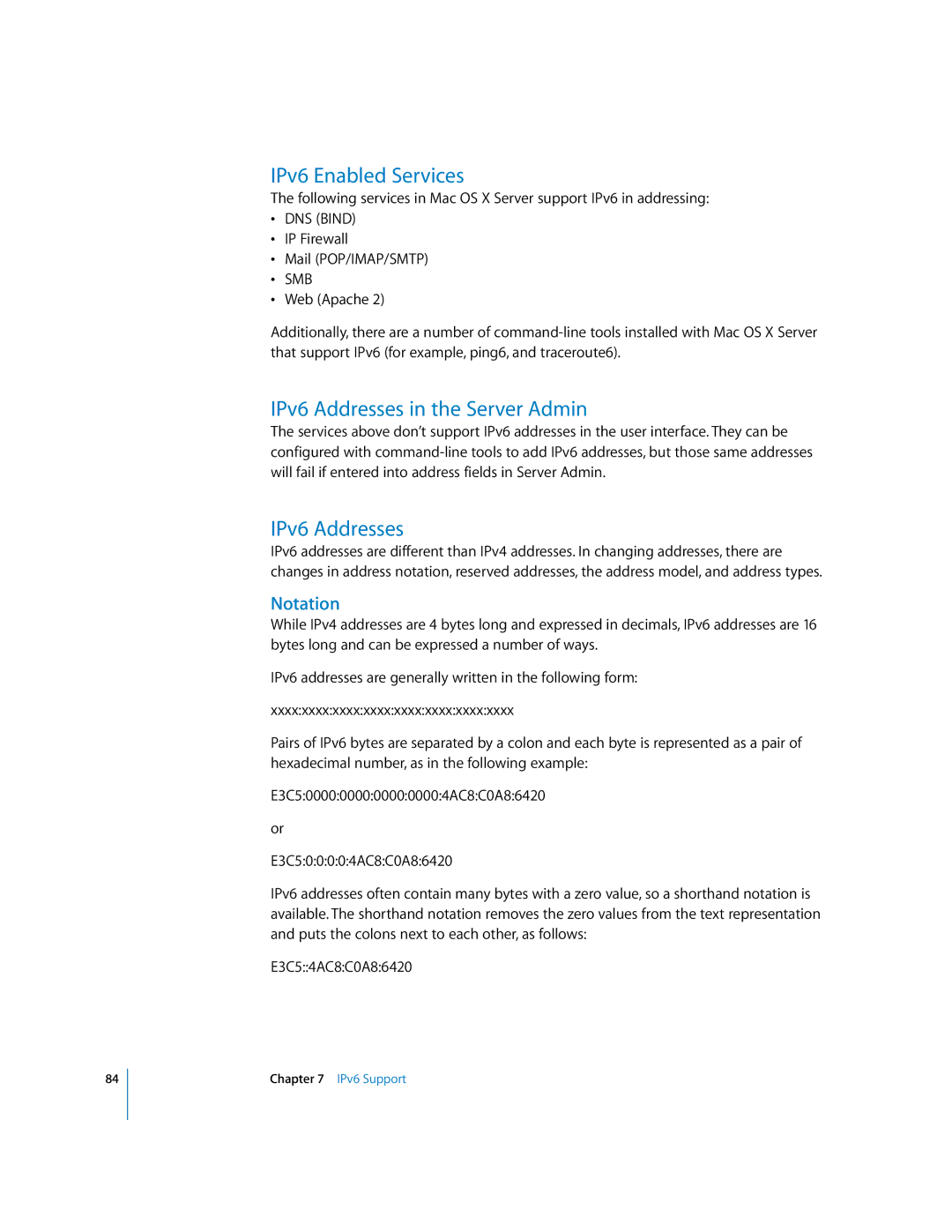 Apple 034-2351_Cvr manual IPv6 Enabled Services, IPv6 Addresses in the Server Admin, Notation 