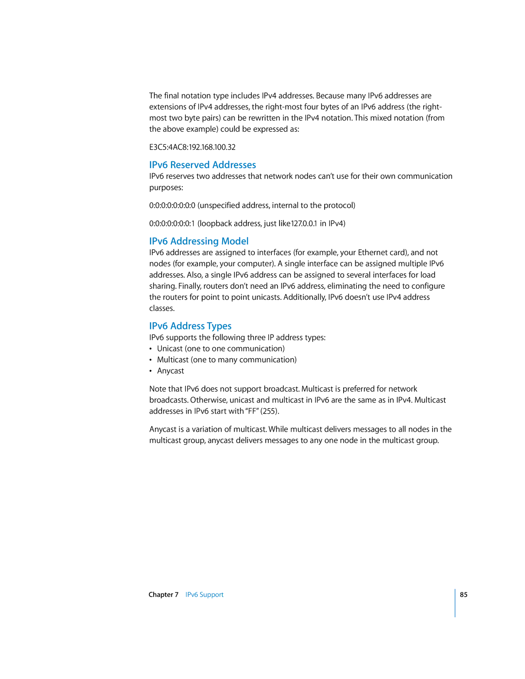 Apple 034-2351_Cvr manual IPv6 Reserved Addresses, IPv6 Addressing Model, IPv6 Address Types 