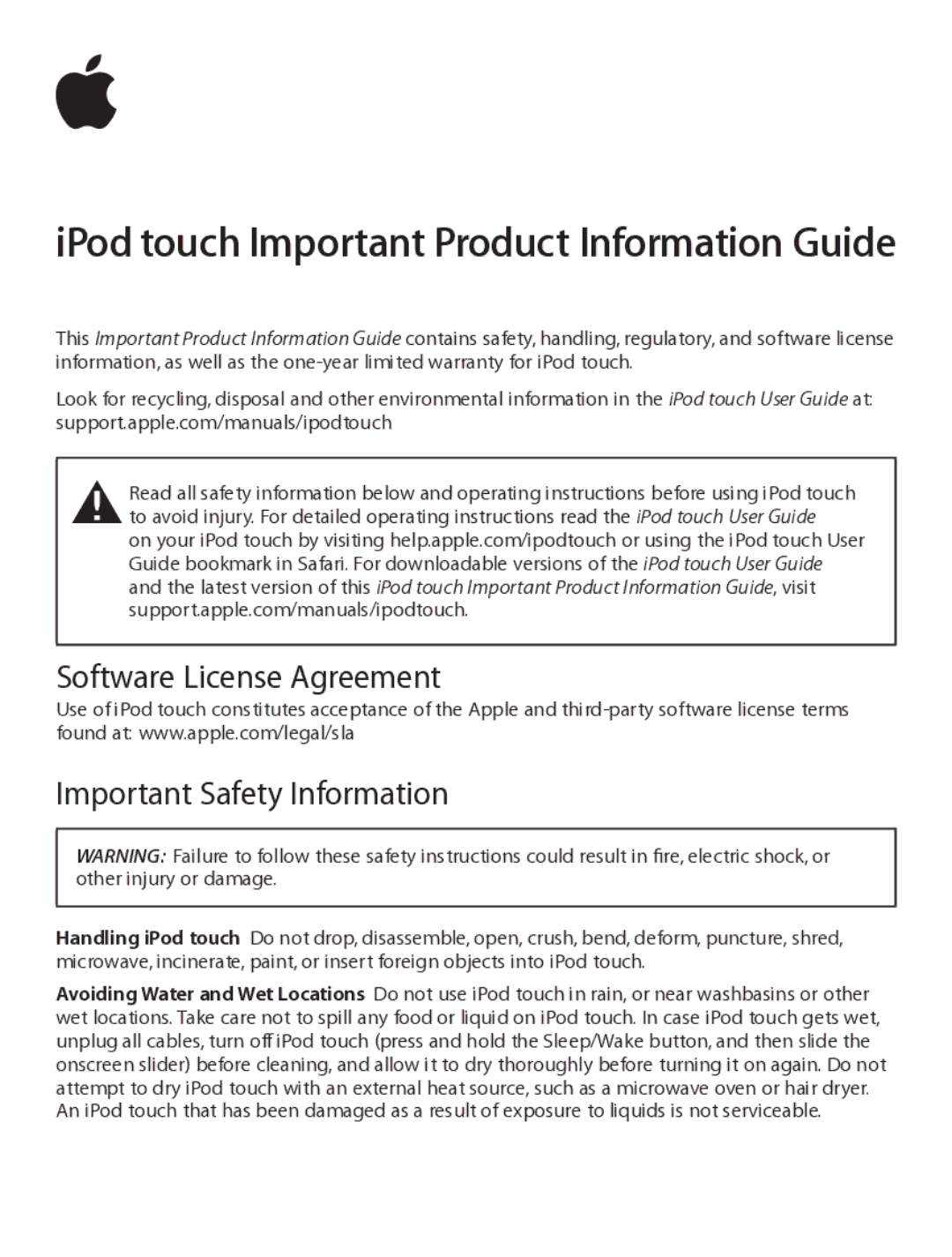 Apple 034-5051-A warranty IPod touch Important Product Information Guide 