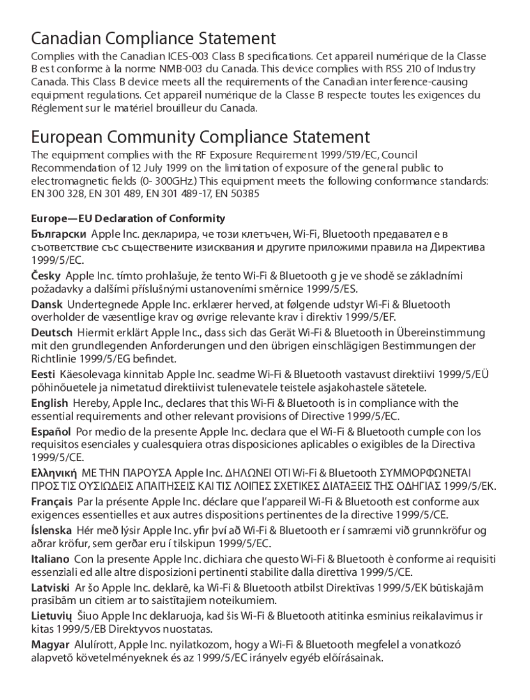 Apple 034-5051-A warranty Canadian Compliance Statement, European Community Compliance Statement 