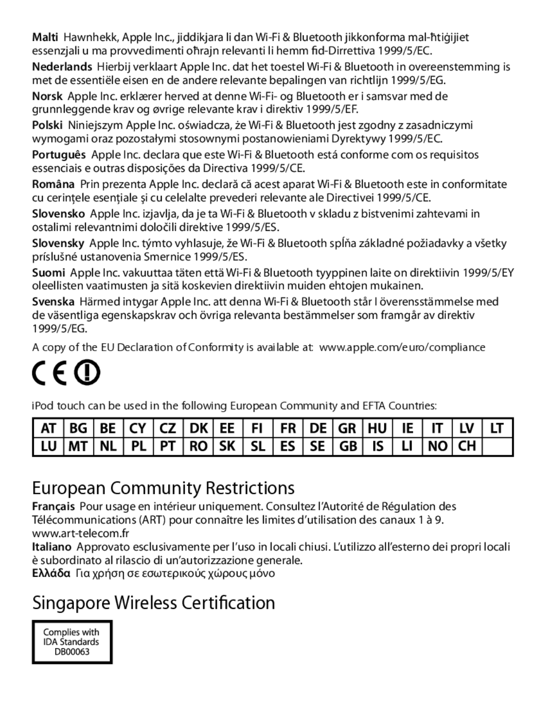 Apple 034-5051-A warranty European Community Restrictions, Singapore Wireless Certification 