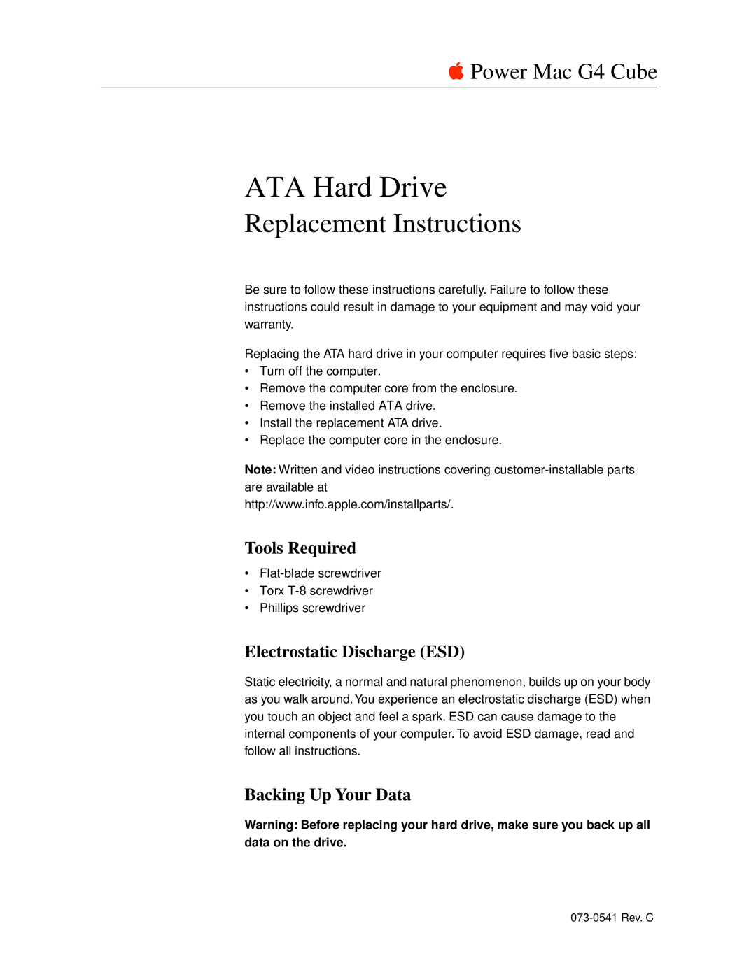 Apple 073-0541 warranty Tools Required, Electrostatic Discharge ESD, Backing Up Your Data 