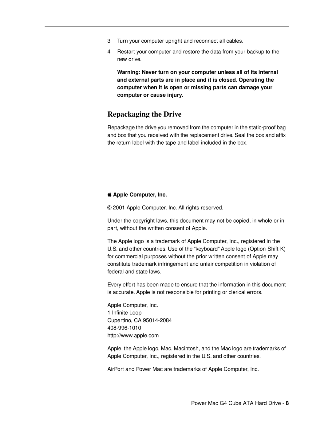 Apple 073-0541 warranty Repackaging the Drive, Apple Computer, Inc 
