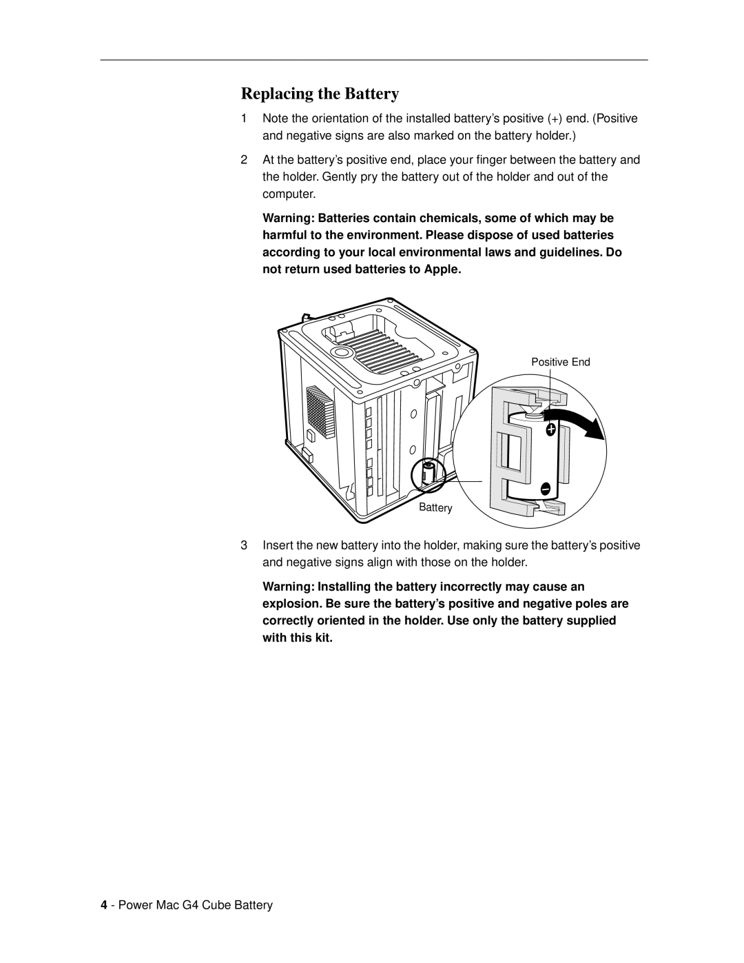 Apple 073-0542 warranty Replacing the Battery 