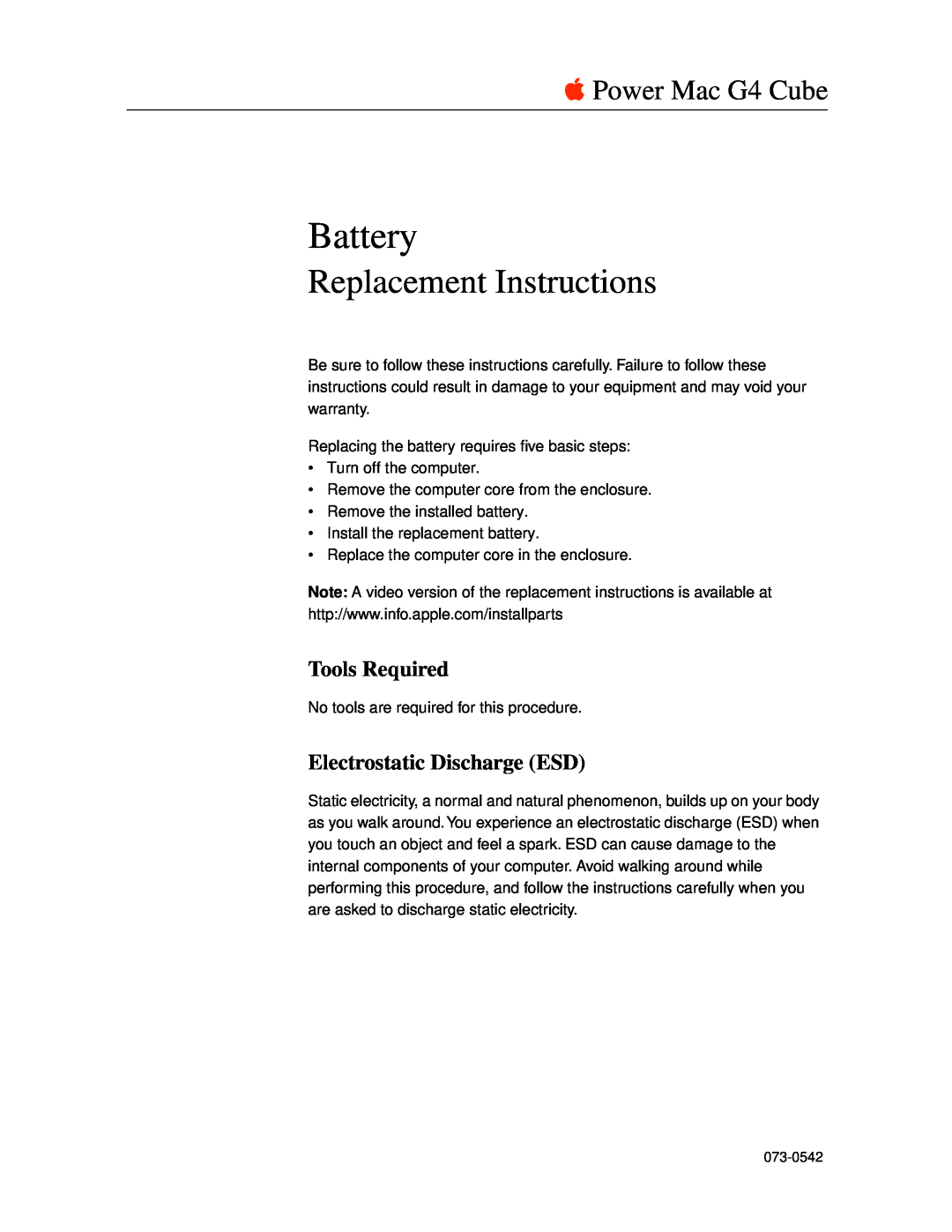 Apple 073-0542 warranty Tools Required, Electrostatic Discharge ESD, Battery, Replacement Instructions 