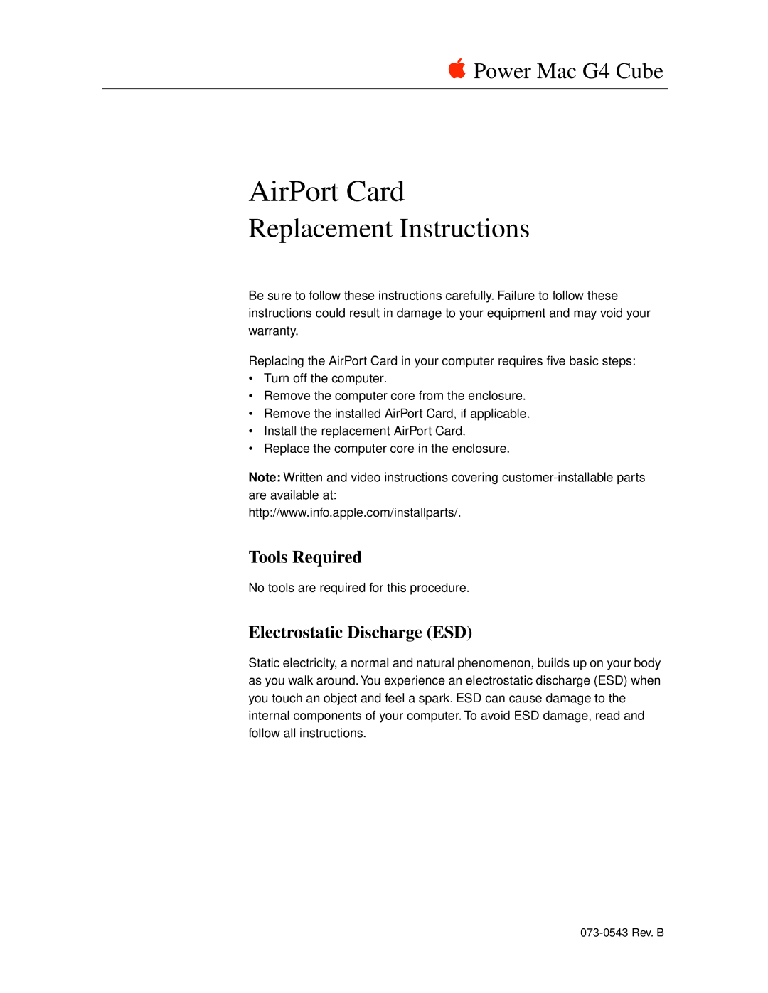 Apple 073-0543 warranty Tools Required, Electrostatic Discharge ESD 