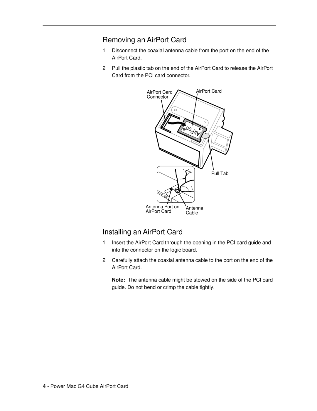 Apple 073-0543 warranty Removing an AirPort Card, Installing an AirPort Card 