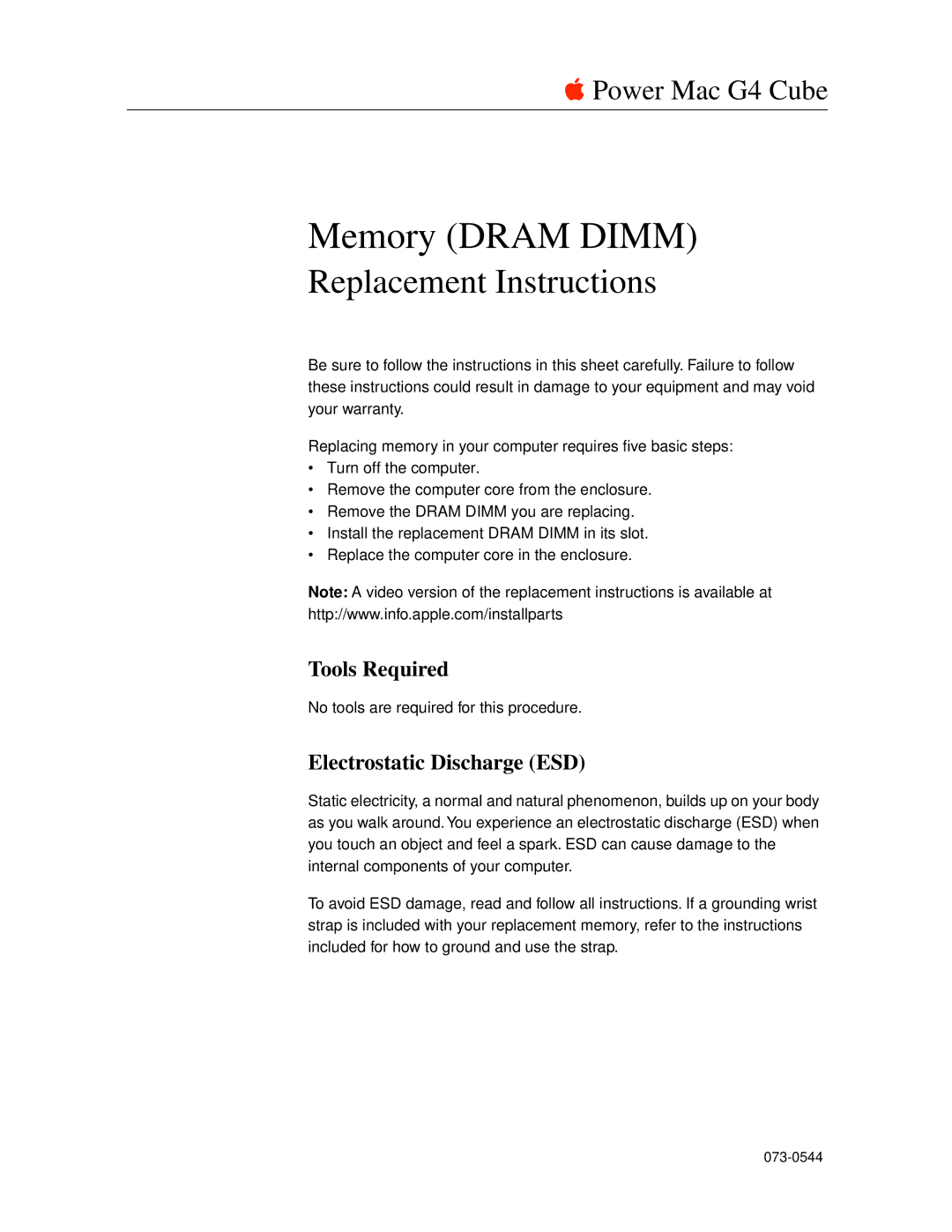 Apple 073-0544 warranty Tools Required, Electrostatic Discharge ESD 