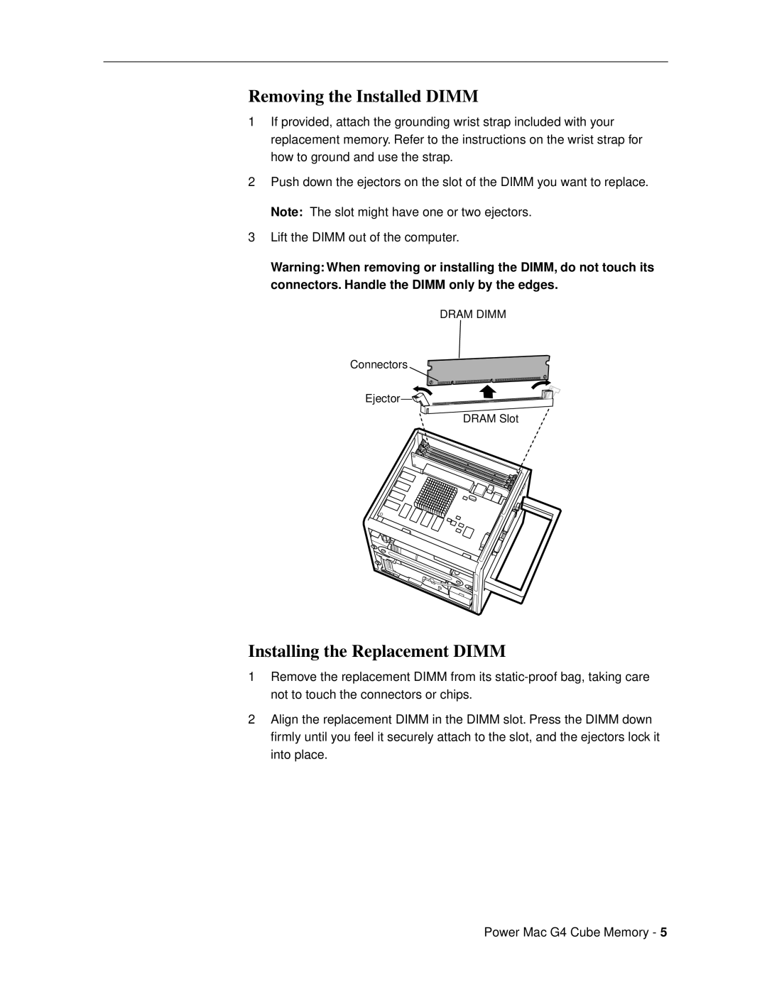 Apple 073-0544 warranty Removing the Installed Dimm, Installing the Replacement Dimm 