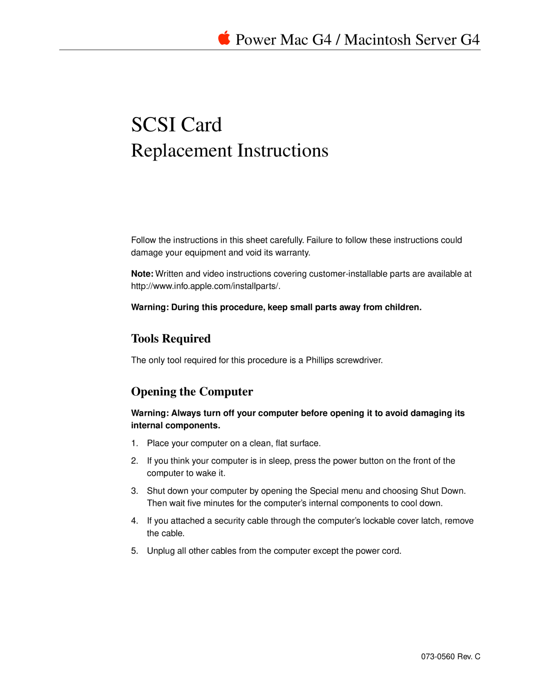 Apple 073-0560 warranty Tools Required, Opening the Computer 