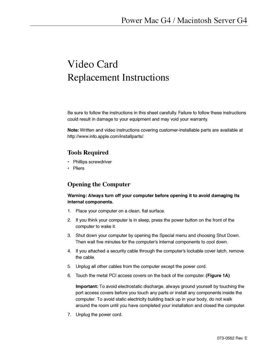 Apple 073-0562 warranty Tools Required, Opening the Computer 