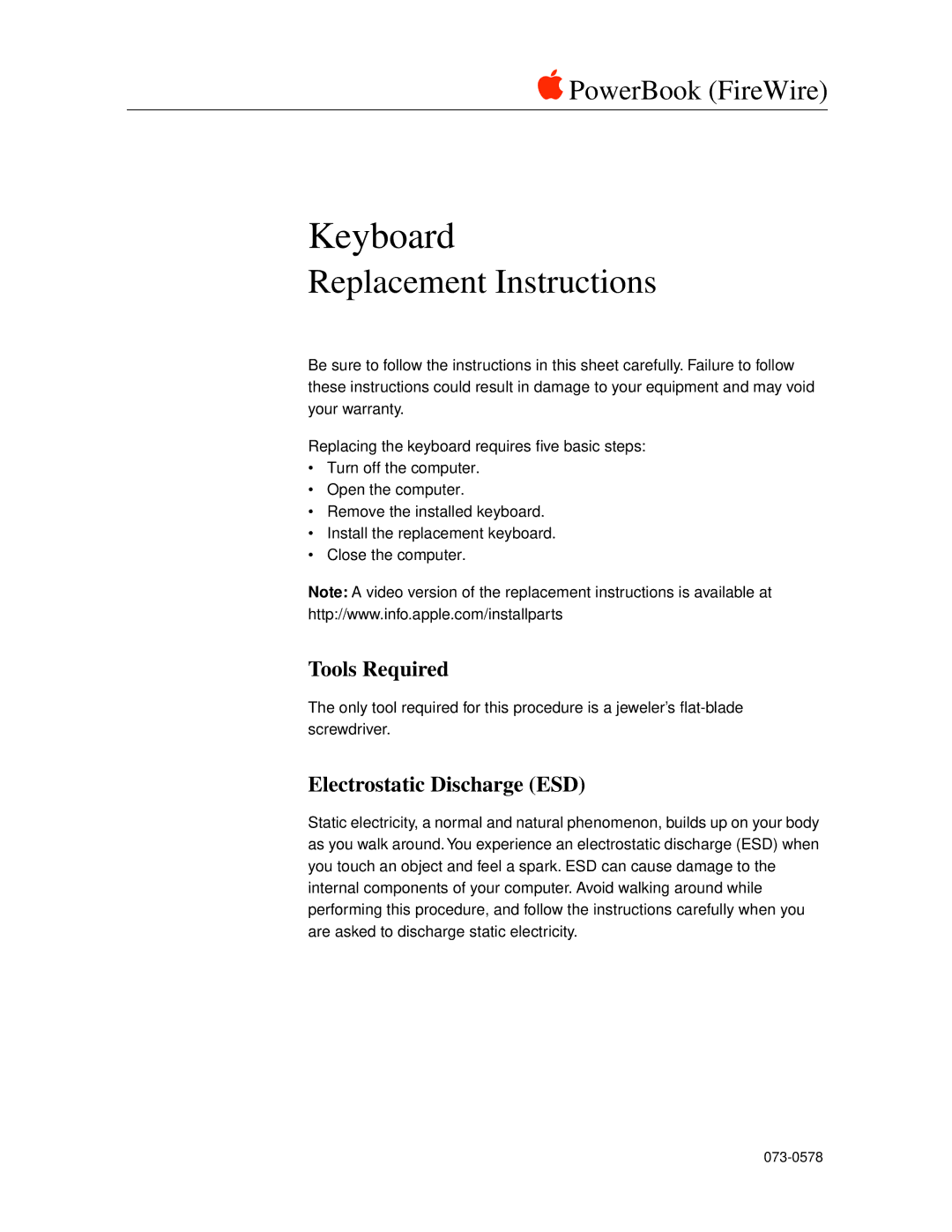 Apple 073-0578 warranty Tools Required, Electrostatic Discharge ESD 