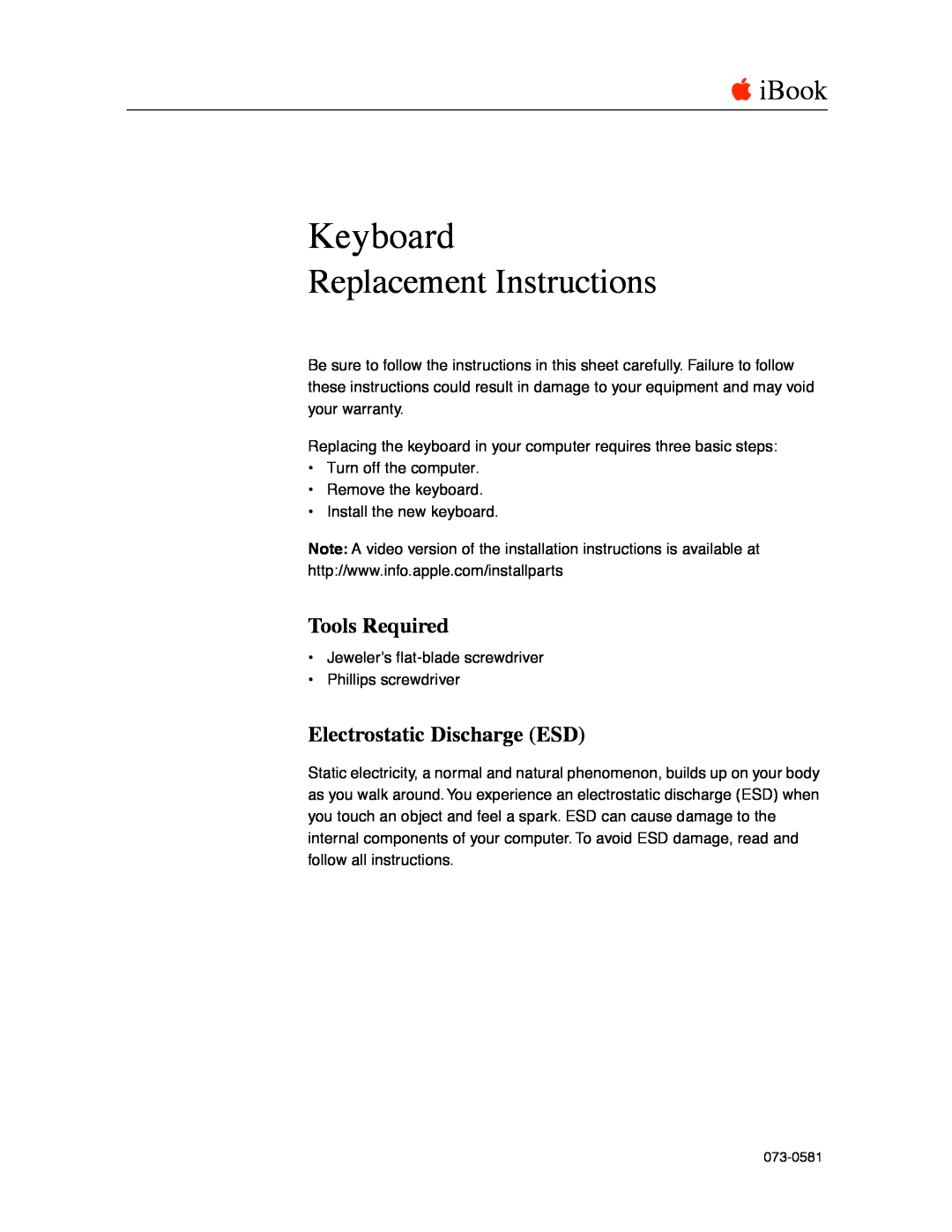 Apple 073-0581 warranty Tools Required, Electrostatic Discharge ESD, Keyboard, Replacement Instructions, K iBook 