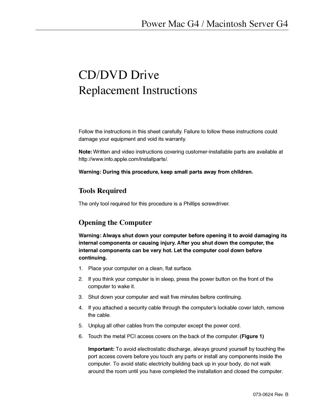 Apple 073-0624 warranty Tools Required, Opening the Computer 