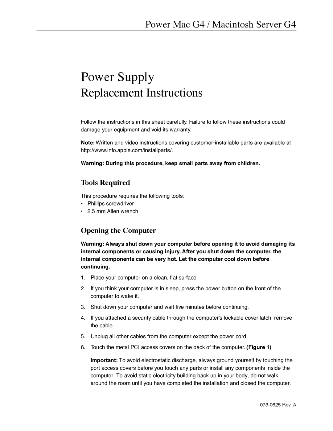 Apple 073-0625 warranty Tools Required, Opening the Computer 