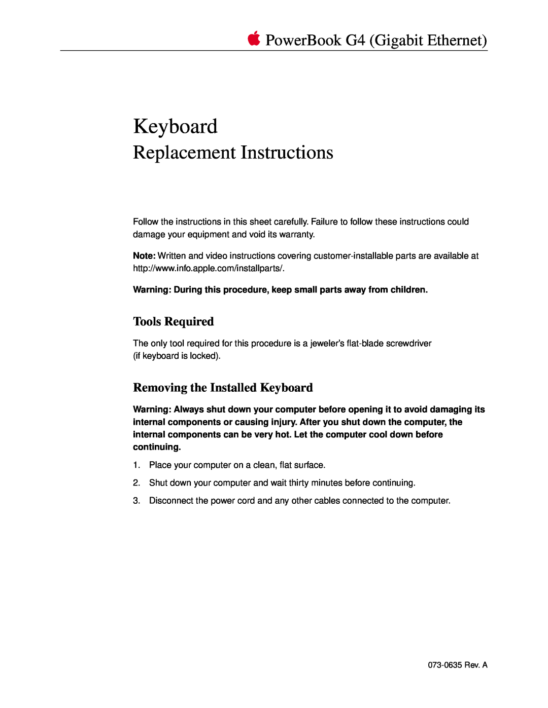 Apple 073-0635 warranty Tools Required, Removing the Installed Keyboard, Replacement Instructions 