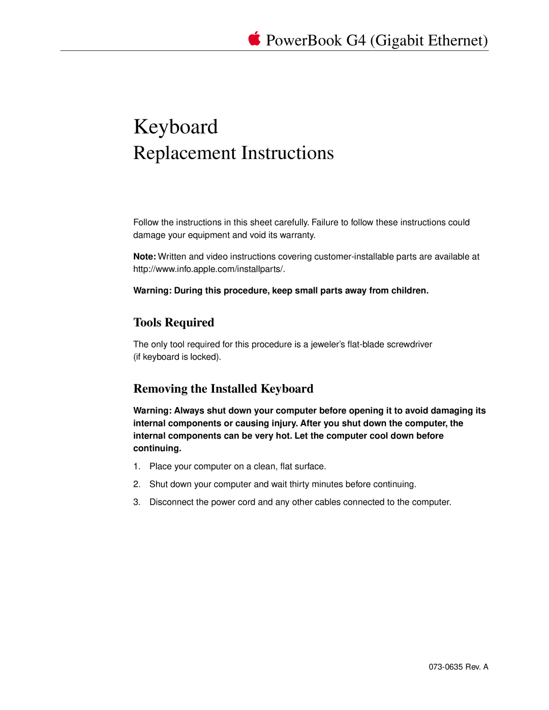 Apple 073-0635 warranty Tools Required, Removing the Installed Keyboard 