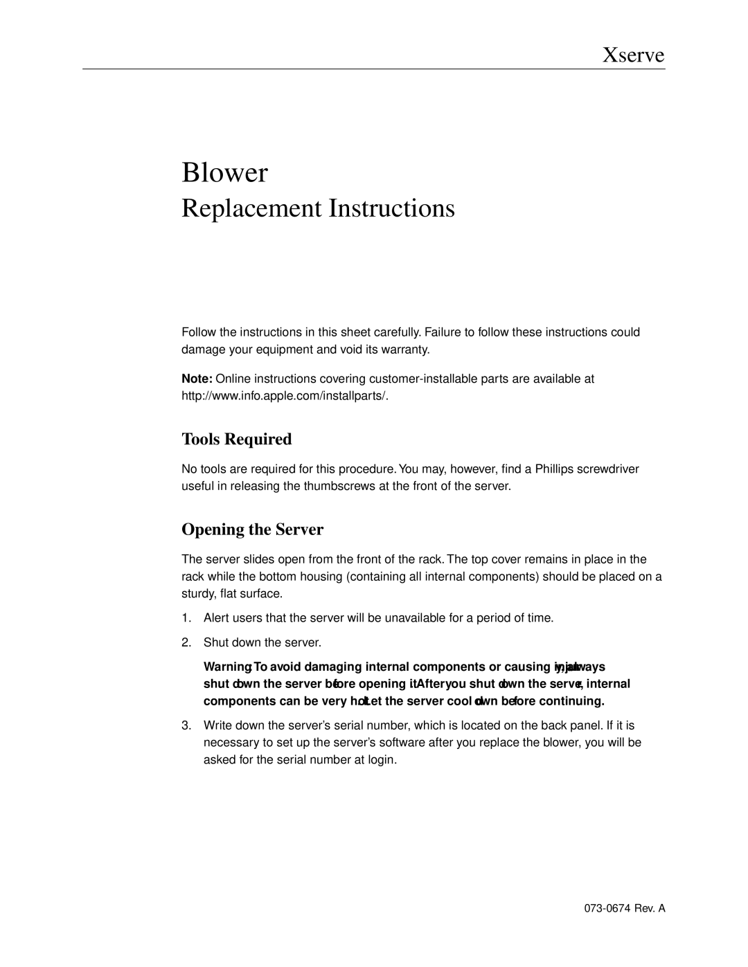 Apple 073-0674 warranty Tools Required, Opening the Server 