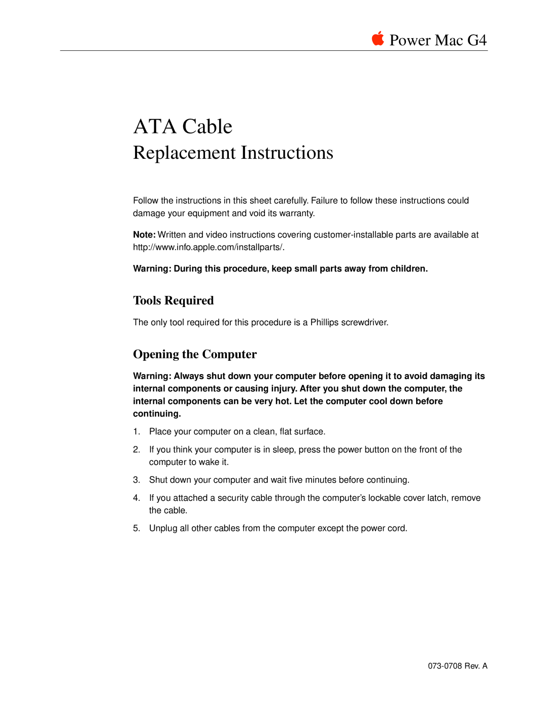 Apple 073-0708 warranty Tools Required, Opening the Computer 