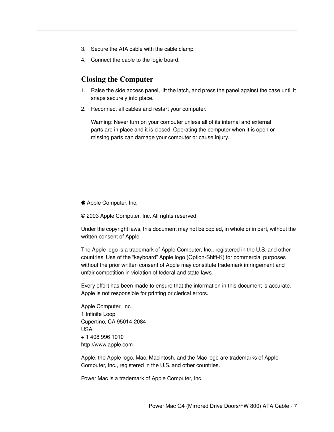 Apple 073-0708 warranty Closing the Computer, Apple Computer, Inc 