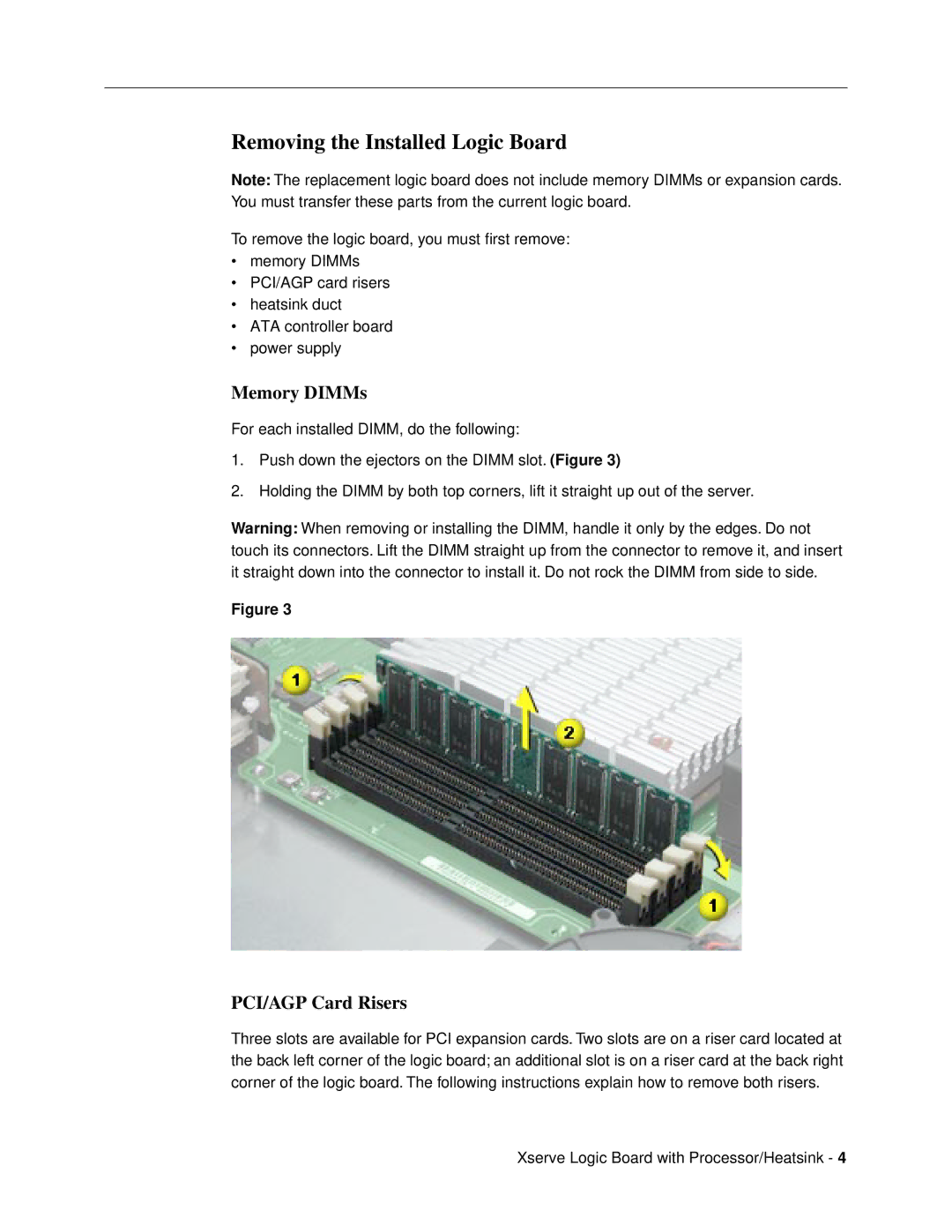 Apple 073-0711 warranty Removing the Installed Logic Board, Memory DIMMs, PCI/AGP Card Risers 