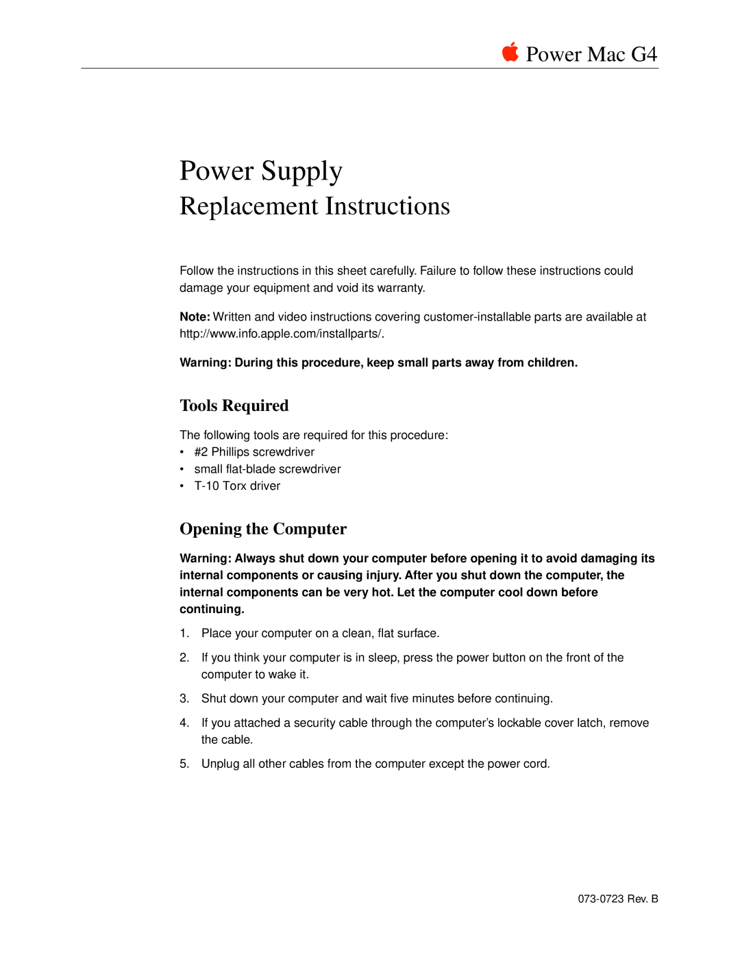 Apple 073-0723 warranty Tools Required, Opening the Computer 