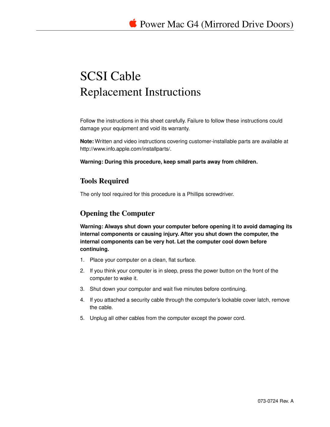 Apple 073-0545, 073-0724 warranty Tools Required, Opening the Computer 