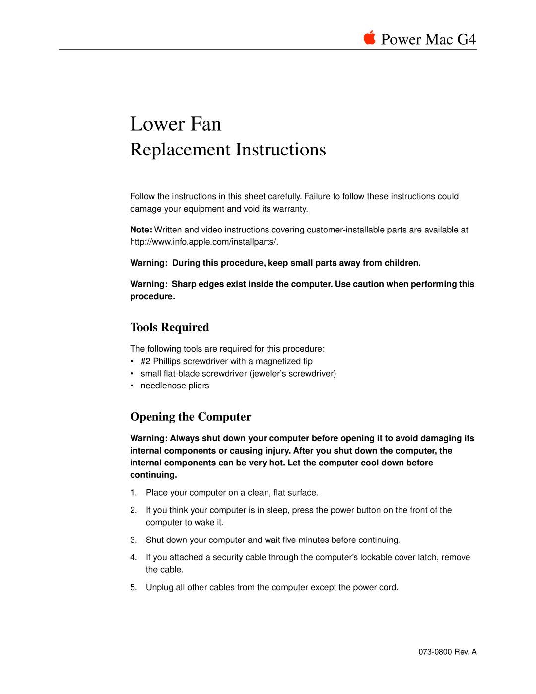 Apple 073-0800 warranty Tools Required, Opening the Computer 