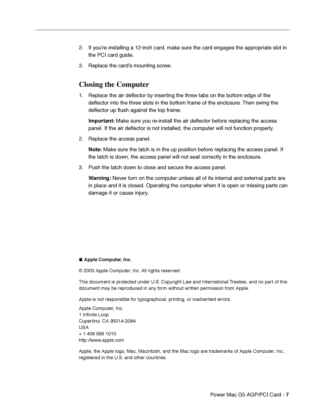 Apple 073-0808 REV. C warranty Closing the Computer,  Apple Computer, Inc 