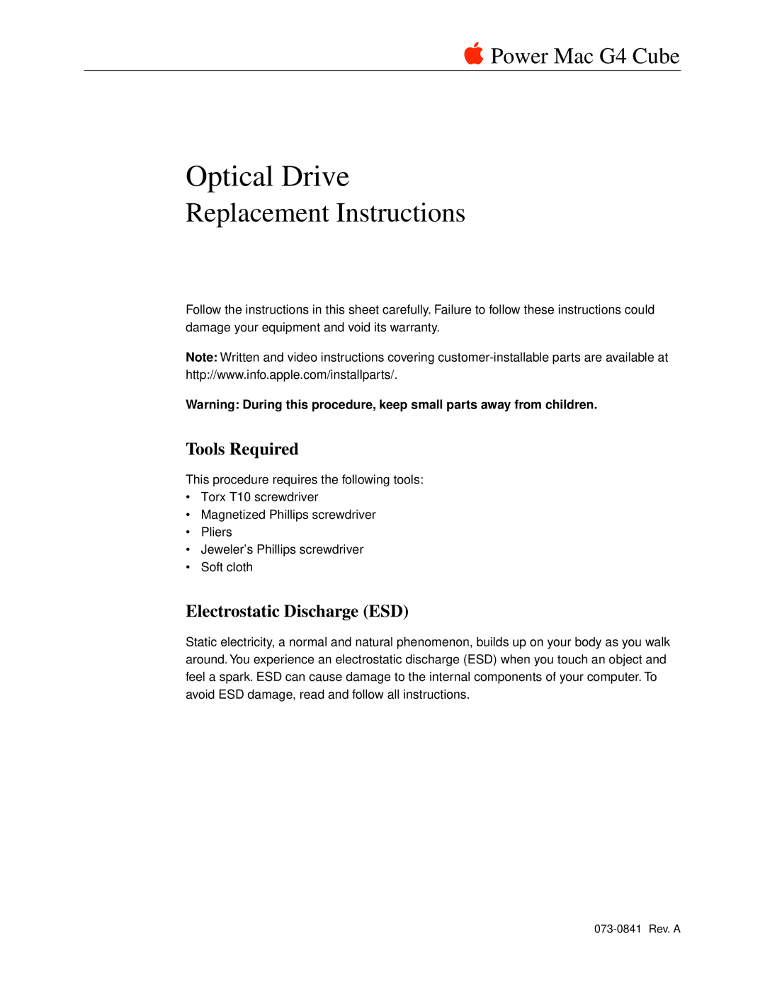 Apple 073-0841 warranty Tools Required, Electrostatic Discharge ESD 