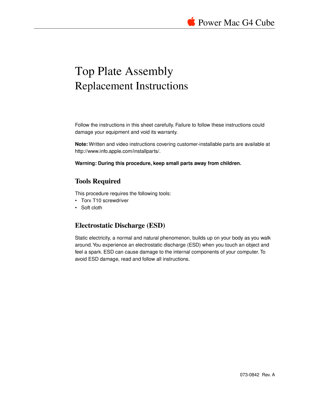 Apple 073-0842 warranty Tools Required, Electrostatic Discharge ESD 