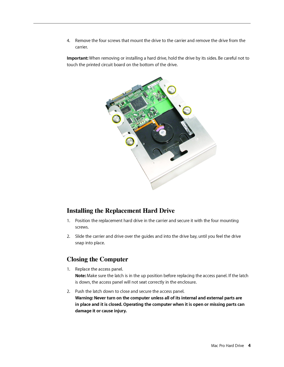 Apple 073-1058 warranty Installing the Replacement Hard Drive, Closing the Computer 