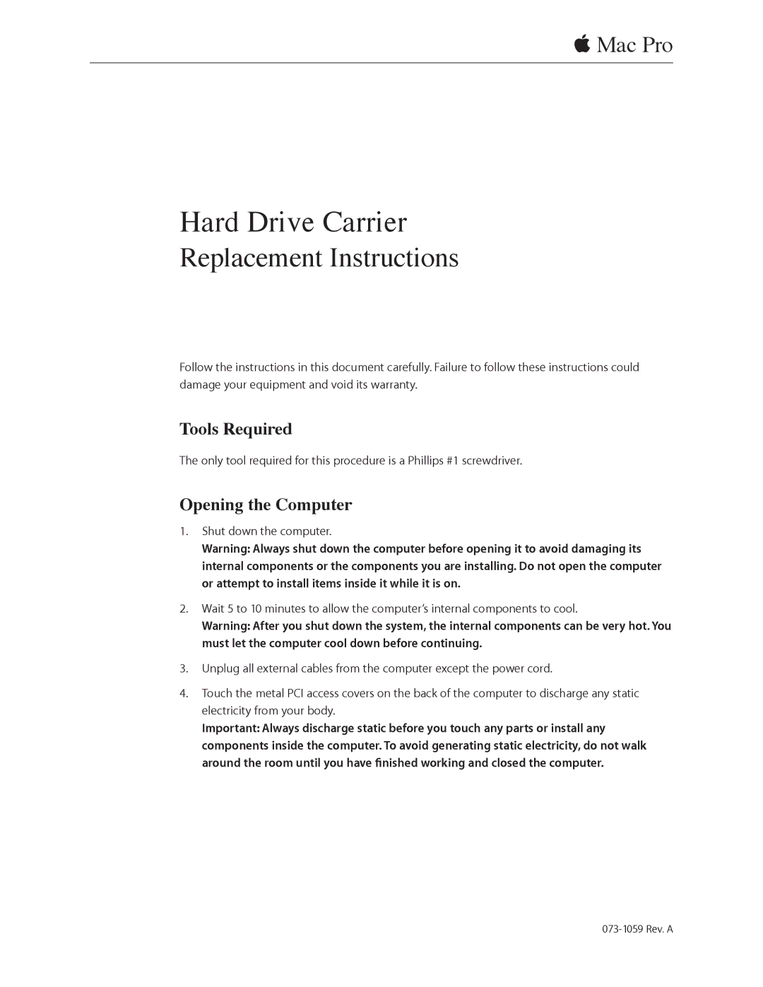 Apple 073-1059 warranty Tools Required, Opening the Computer 