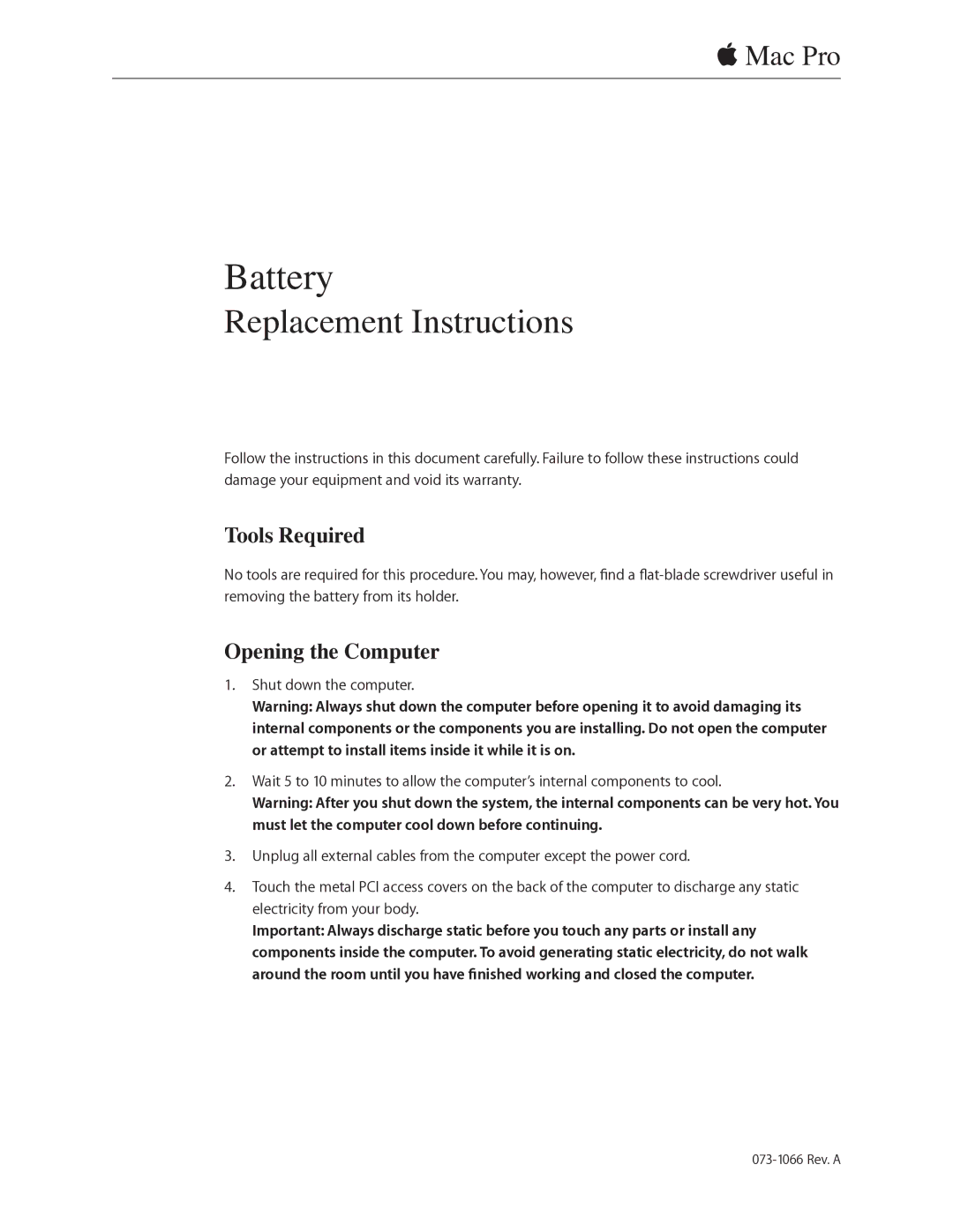 Apple 073-1066 warranty Tools Required, Opening the Computer 