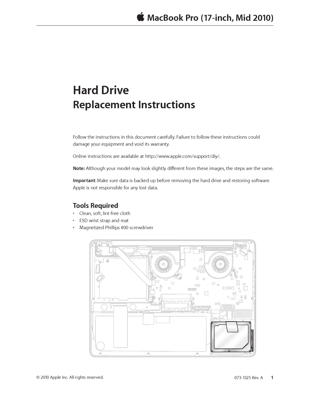 Apple 073-1325 warranty Hard Drive, Tools Required 