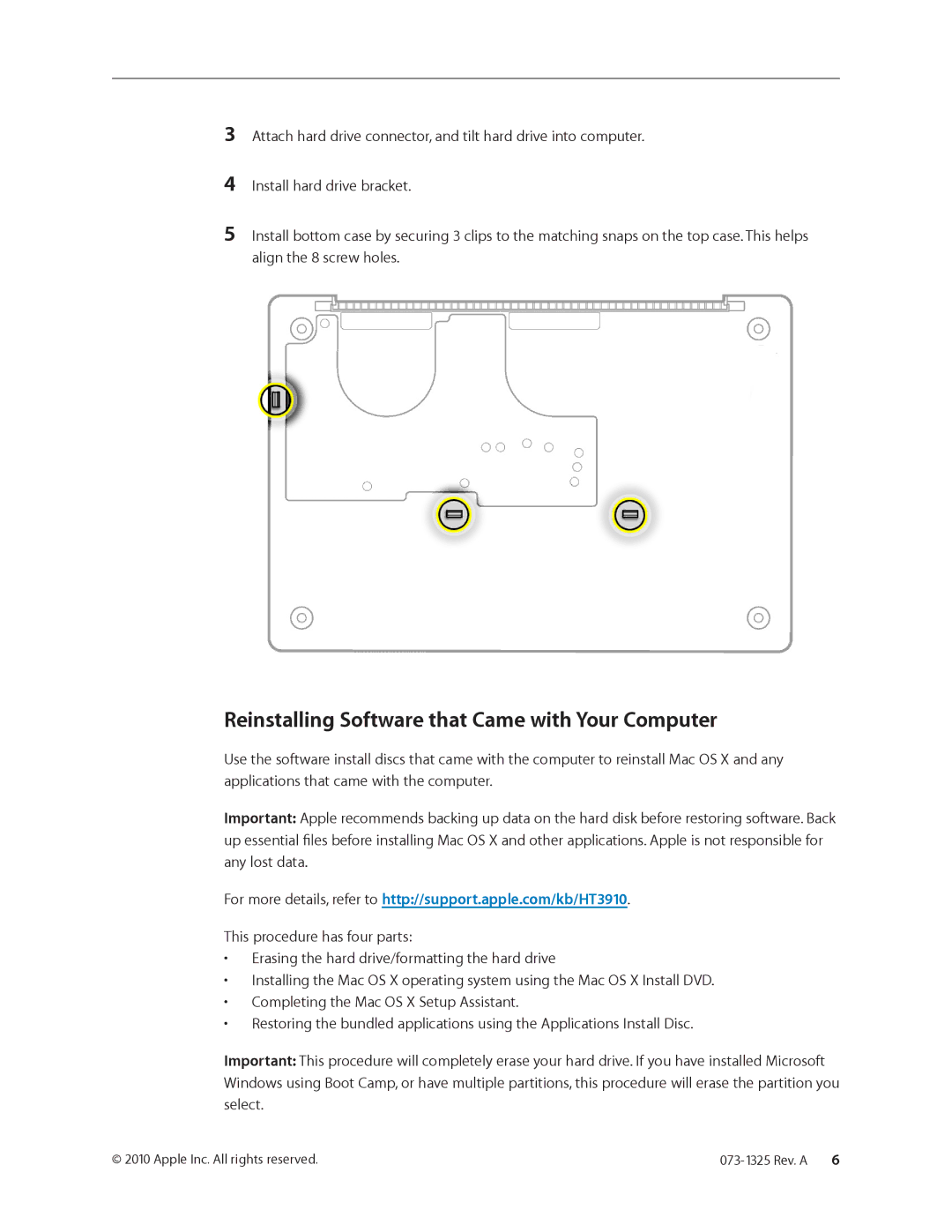 Apple 073-1325 warranty Reinstalling Software that Came with Your Computer 