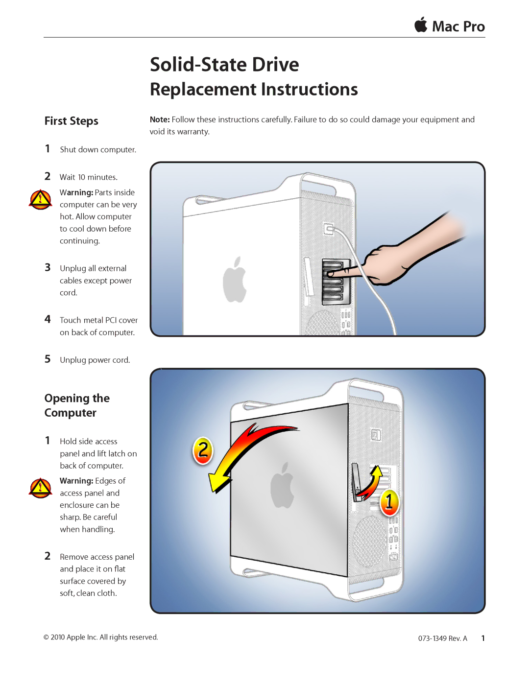 Apple 073-1349 REV. A warranty First Steps, Opening Computer 