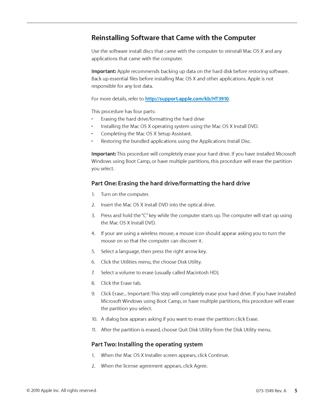 Apple 073-1349 REV. A warranty Reinstalling Software that Came with the Computer, Part Two Installing the operating system 
