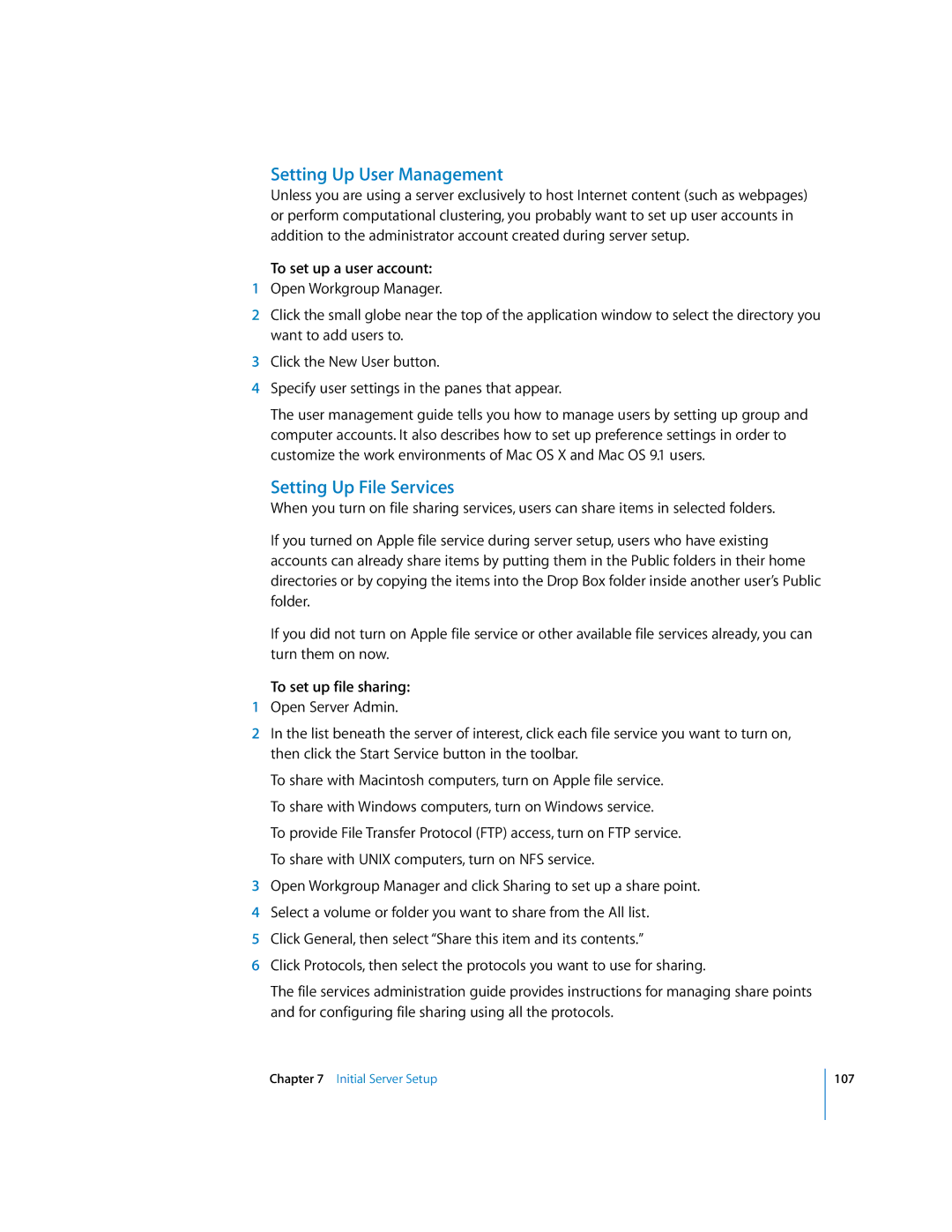 Apple 10.3 manual Setting Up User Management, Setting Up File Services, To set up a user account, To set up file sharing 