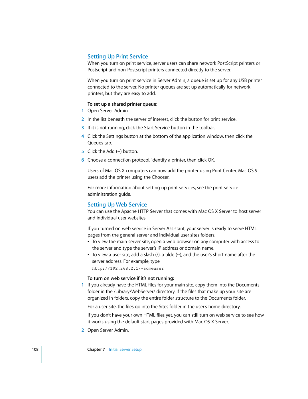 Apple 10.3 manual Setting Up Print Service, Setting Up Web Service, To set up a shared printer queue 