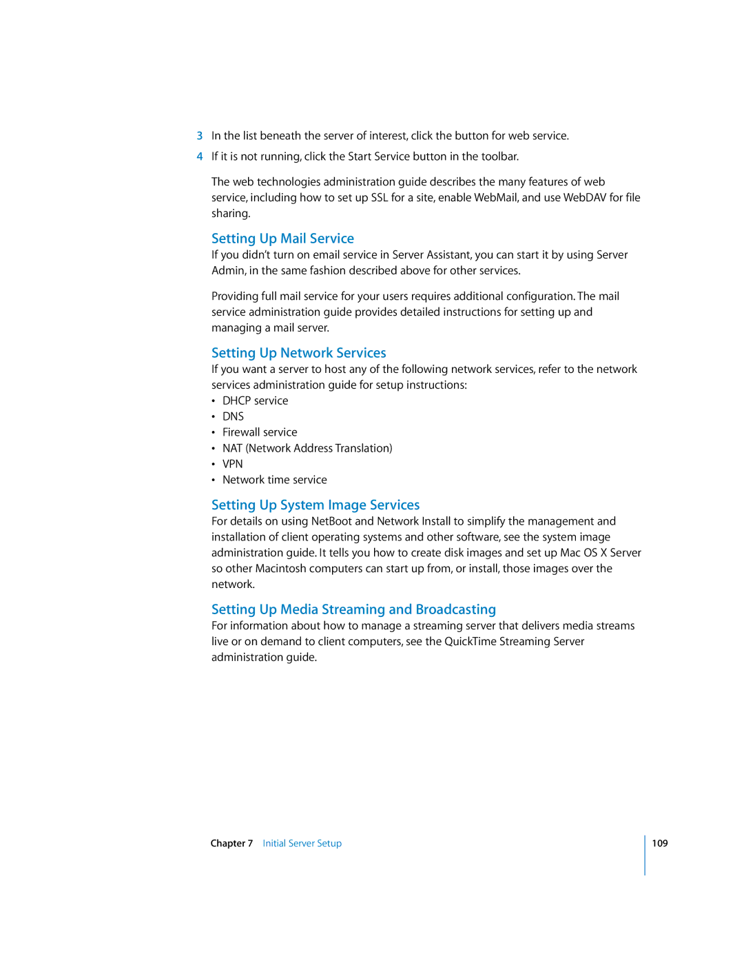 Apple 10.3 manual Setting Up Mail Service, Setting Up Network Services, Setting Up System Image Services 