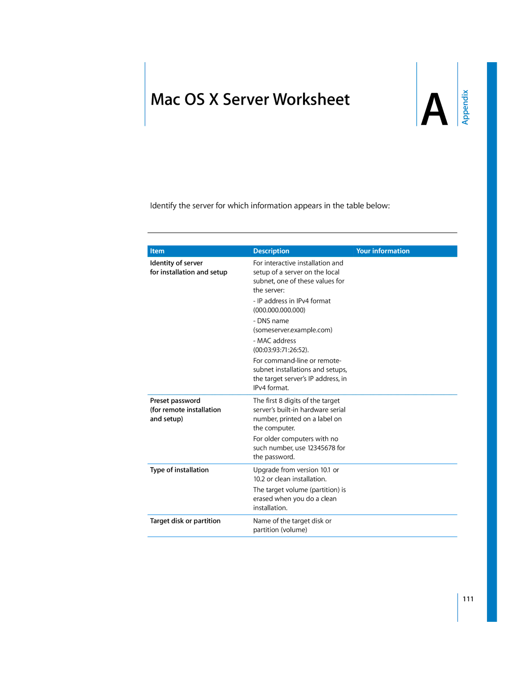 Apple 10.3 manual Mac OS X Server Worksheet, Appendix 