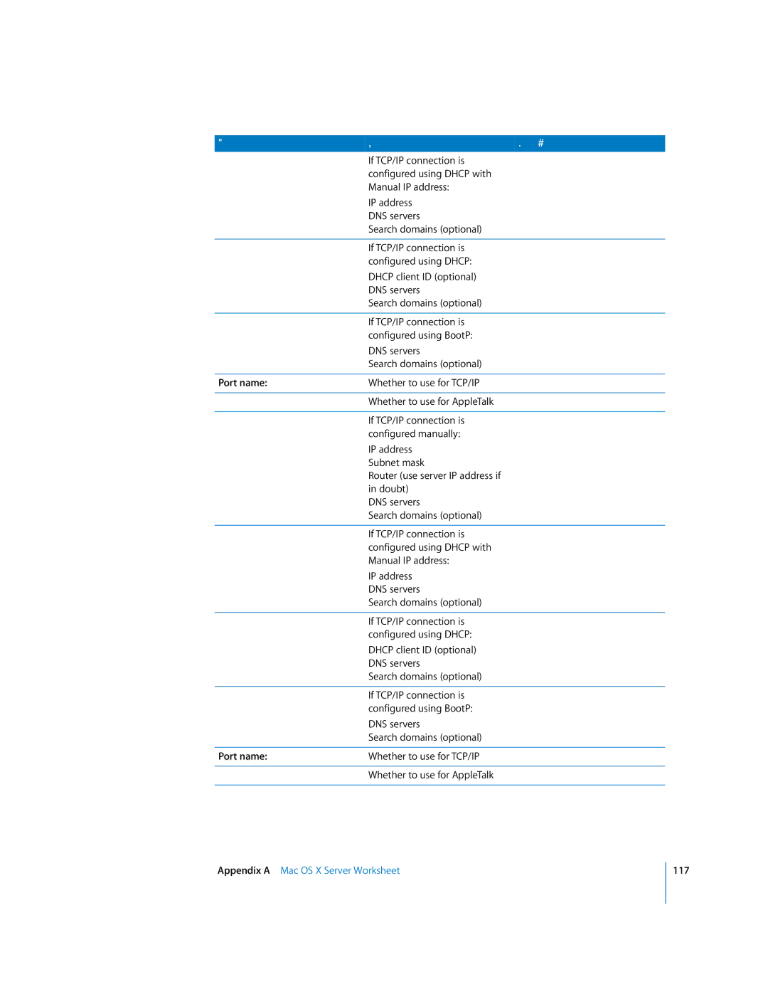 Apple 10.3 manual Appendix a Mac OS X Server Worksheet 