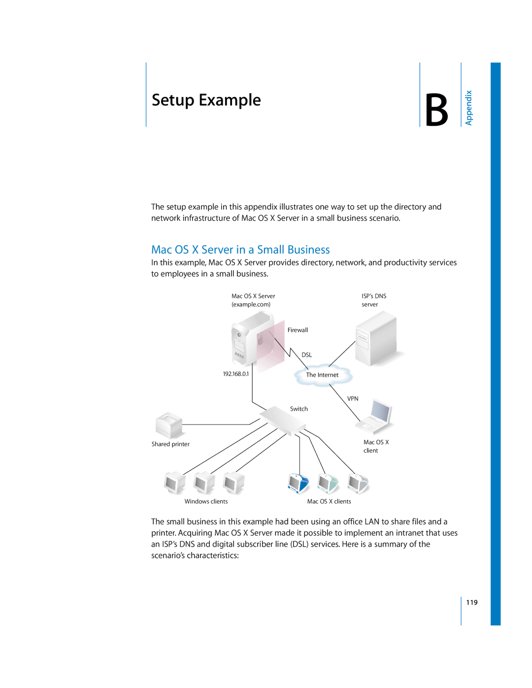 Apple 10.3 manual BSetup Example, Mac OS X Server in a Small Business 