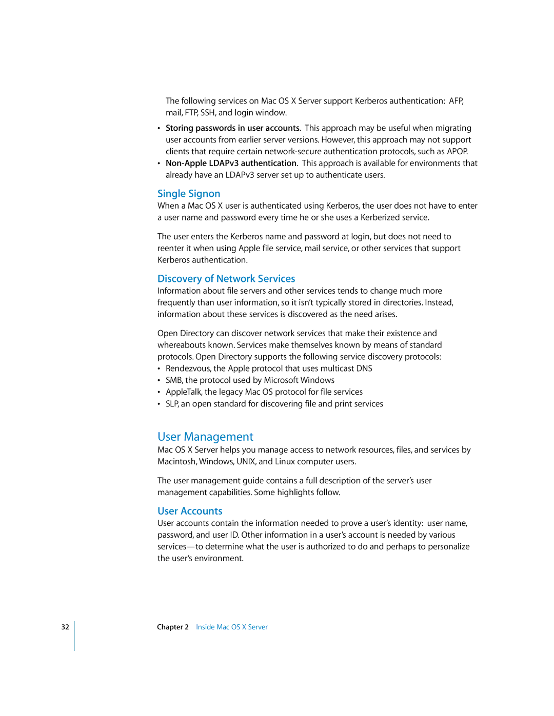 Apple 10.3 manual User Management, Single Signon, Discovery of Network Services, User Accounts 