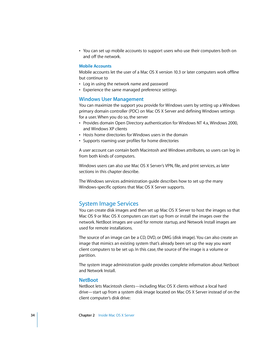 Apple 10.3 manual System Image Services, Windows User Management, NetBoot, Mobile Accounts 