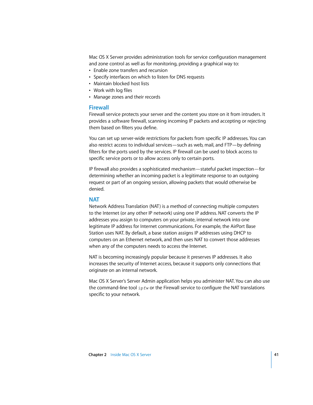 Apple 10.3 manual Firewall, Nat 